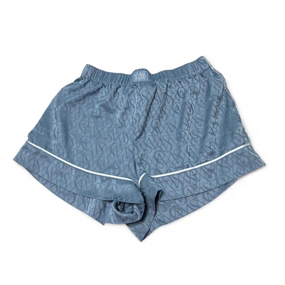 Victoria's Secret Satin Sleep Shorts Medium Blue VS Logo Monogram Pajama